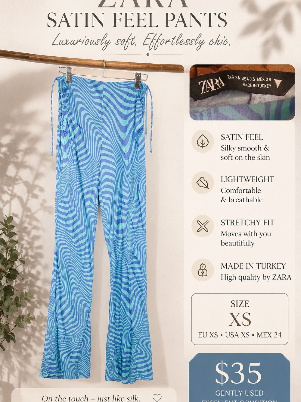 Zara Blue Wave-Print Satin Feel Wide-Leg Pants